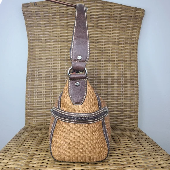 Fossil Bag Satchel Tan Straw Material Brown Leather Shoulder Strap Key Charm - Picture 7 of 16